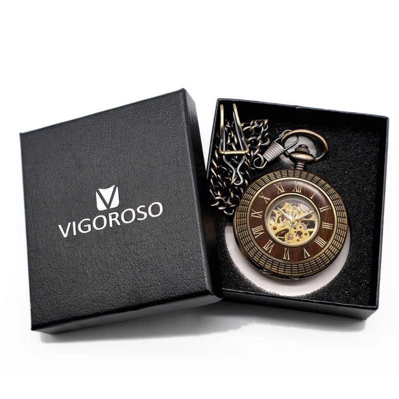 VIGOROSO Men's Hand-Wind Mechanical Pocket Watch Vintage Steampunk Wood Grain