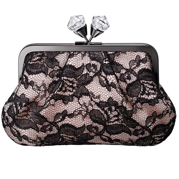 JILL STUART Pouch, Party Bag, Accessory Case, Floral Lace, Crystal Top, Coin Pouch, Clutch Bag, Party Scene, Rose Champagne, Pink, Black, Total Lace, Makeup, Cosmetic, Present, Gift, Black