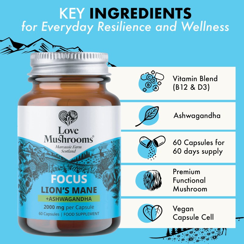 Love Mushrooms – Lion’s Mane Plus Ashwagandha Capsules | Cognitive
