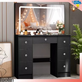 Yamissi Vanity Table Set Makeup Bedroom Dressing with Lighted LED Large Mirror 7 Drawers