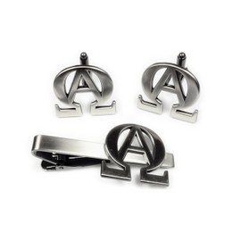 Alpha Omega Christian Biker Motorcycle TIE BAR Clip Cufflinks Set