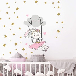 Wall Stickers for Children – Baby Room Decoration – Wall Stickers – Rabbit on Cloud + 100 Stars – Wall Sticker – H45 x L30 cm