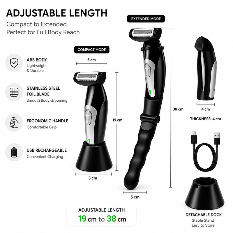 Extendable Back Shaver for Men’s Body Grooming – Detachable Electric