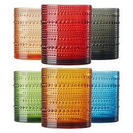 Khen Hobnail Reusable Plastic Drinking Glasses, Retro Colors Design, Shatterproof | 4 Set | Tritan Tumblers, Acrylic Unbreakable Beaded Cups, Dishwasher Safe 11oz, Water Cups BPA-free, Indoor, Outdoor