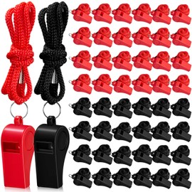 Flutesan 48 Pcs 48 Pcs Plastic Whistles Bulk with Lanyard Sports Loud Crisp Sound Whistles for Coach Referees Training Emergency (Black,Red)