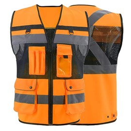 ZUJA 9 Pocket and Zippe High Visibility Vest ANSI/ISEA Standard Reflective Vest Mesh Lining Safety Vest for Men & Women (Orange, 2XL)