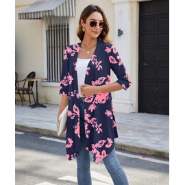 YSYOKOW Women's Open Front Cardigan Lightweight Soft Knit 3/4 Sleeve High-Low Draped Hem Loose Casual Duster(Rose Silhouette, Medium)