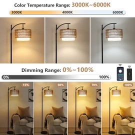 Arc Floor Lamp for Living Room with 3 Color Temperatures, Farmhouse Floor Lamps with Remote & Dimmable Bulb, Boho Standing Lamp with Rattan & Fabric Shades, Adjustable Tall Lamp for Bedroom, Office