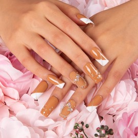 LOVFUL Press on Nails Lovely Kitten Heels French Tip | Handmade with Full Covered Crystals | Reusable Fake Nails | Square Regular 0.98in | H117-S