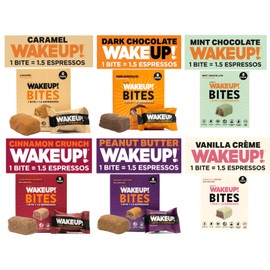 WAKE UP! Caffeinated Protein Bites – 6 Flavor Variety Pack (Chocolate, Caramel, Mint Chocolate, Vanilla Creme, Cinnamon Crunch, Peanut Butter) – 175mg Caffeine (1 Bite = 1.5 Espressos) – Gluten-Free, Vegetarian, Kosher – Boosts Focus & Clarity – 6 Carton