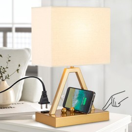 Briever Touch Control Table Lamp, 3-Way Dimmable Desk Lamp with USB C & USB A and AC Outlet, Bedside Lamp with Phone Stand and Fabric Shade for Bedroom, Living Room,Bulb Included, Gold