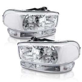 ISHARINGAUTOPARTS Headlight Assembly Compatible with 1999 2000 2001 2002 2003 2004 2005 2006 GMC Sierra 1500 + 2000-2006 GMC Yukon (Chrome Housing Clear Corner)