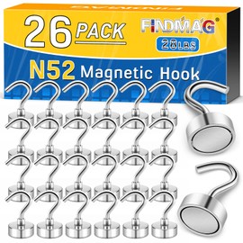 FINDMAG 26 Pack N52 Magnetic Hooks, 28 Lbs Neodymium Magnet Hooks Heavy Duty for Hanging, Super Strong Magnets with Hook for Classroom, Kitchen, School, Office, Garage