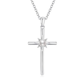 LOCIBLO June Birthstone Necklaces for Women 925 Sterling Silver Cross Pendant White Gold Created Pearl Necklace Crucifix Jewellery for Her, 16"+2"