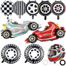 10 PCS Race Car Balloons, Foil Helmet Checkered Balloons and Hot Wheel Tire Balloons, Race Car Party Supplies for Boy Two Fast Birthday Party Cars Theme Decorations