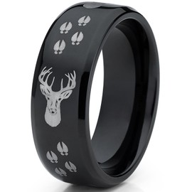8MM Black High Polish Deer Head Track Titanium Ring Wedding Band, Men's Hunting Ring, Outdoor Jewelry SZ 9.5