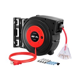 DEWENWILS Retractable Extension Cord Reel, 40 FT Heavy Duty Power Cord, 12/3C SJTOW Retractable Cord Reel, Lighted Triple Tap Outlets, 15A Circuit Breaker, Wall/Ceiling Mount, UL Listed, Red