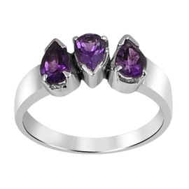 Orchid Jewelry 925 Sterling Silver 3 Stone Rings for Women - Delightful 6X4 mm Purple Amethyst Birthstone Gemstone - 1.05 Carats Pear
