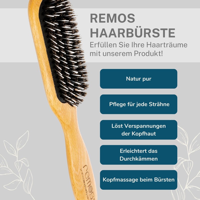 Remos Beech Wood Hair Brush with 100% Boar Bristles and