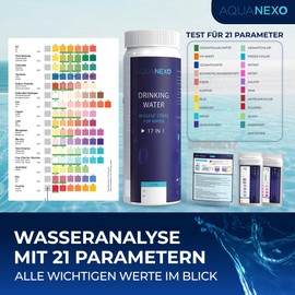 AQUANEXO 21 Parameter, 125 + 20 Trinkwasser Teststreifen + 2x Coliforme Bakterien Test, pH Teststreifen, Wassertester Trinkwasser, Wasserhärte messen, Trinkwassertest, Wasserhärte Teststreifen