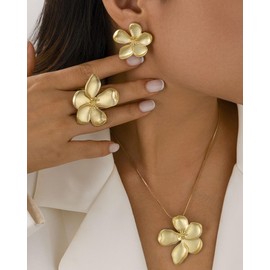 LANWLOSI Gold Flower Earrings Necklace and Ring Set for Women Large Gold Flower Earrings Statement Floral Pendant Necklace Chunky Floral Ring Spring Summer Wedding Guest Dresses Accessories
