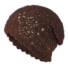 ZLYC Women Cotton Crochet Slouchy Beanie Hat Handmade Knit Cutout Summer Floral Skull Cap, Solid Brown, One Size