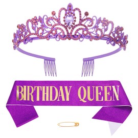 Purple BIirthday Crown Queen Sash Kit for Women Girls Birthday Decorations Rhinestone Crowns Crystal Princess Crown Birthday Headbands Happy Birthday Tiara Women Birthday Clothing Accessories