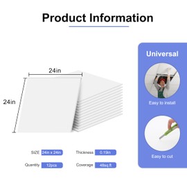 IMXPW Smooth Drop Ceiling Tiles 2ft x 2ft - Waterproof, Fire-Rated, Easy Drop-in Installation - Premium PVC to Prevent Breakage - Ceiling Tiles 24" x 24", 12-Pack Cover 48 Sq. Ft, White