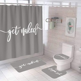 Grey Get Naked Shower Curtains with Bath Mats,4 Piece Machine Washable Mildew Proof Toilet Lid Cover,Non-slip Bathroom Mat, Absorbent Pedestal Rugs and Waterproof Bathtub Curtain with Hooks (Grey)