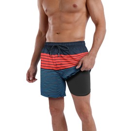 QRANSS Men's Swimming Trunks Compression Lining Board Shorts Beach Swimming Pants Quick Dry Men Surfing Boardshorts,5.5" Inseam (BlackRed Striped,Large)