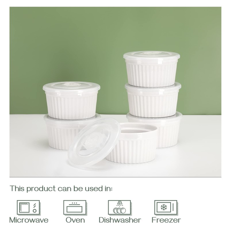 DOWAN Ramekins with Lids 6 oz Oven Safe, Creme brulee