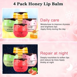 Bee Balm Lip Balm Honey Pot, Lip Care Lip Scrub Moisturize & Nourish, Cracked Dry Lips, Fade Lip Lines, Lip Sleeping Mask Set of Honey+Apple+Strawberry+Watermelon