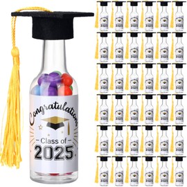 Honeydak 36 Pack Graduation Mini Liquor Bottles Hot Sauce Bottles with Mini Graduation Caps with Tassels Black Cap Bottle Toppers and Class of 2025 Graduation Stickers Set for Graduation Party Favor