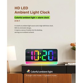 LED Colorful Ambient Light Clock with Color Screen Display, 5-Level Time Brightness, 3-Level Ambient Light, Dual Alarms with Snooze, Type-C Powered, Sleek and Stylish (Black)