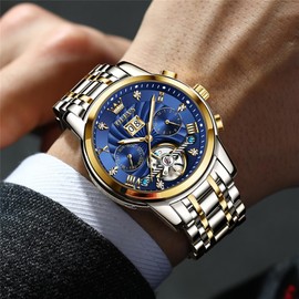 OLEVS Black Mens Automatic Watches Self Winding Mechanical Skeleton Tourbillon Luxury Diamond Business Dress Date Wrist Watches for Men Waterproof Luminous Blue