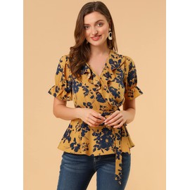 Allegra K Women's Wrap Peplum Top Blouse 2025 Summer Floral Short Sleeve Ruffle V Neck Belted Shirts Medium Yellow