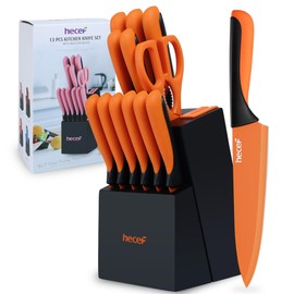 hecef 13 Pieces Kitchen Knife Set with Built-in Sharpening Wooden Block, Dishwasher Safe, High Carbon Stainless Steel Knife Block Set with Steak Knives, Kitchen Scissors, Orange