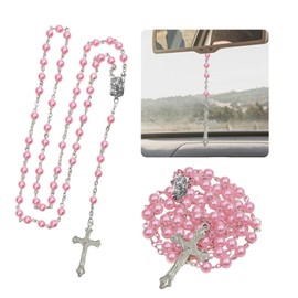 Gliry 2PCS Car Rearview Mirror Charms, Interior Pendant Decorations with Medal and Cross, Hanging Accessories for Women and Men (Pink Rosary)