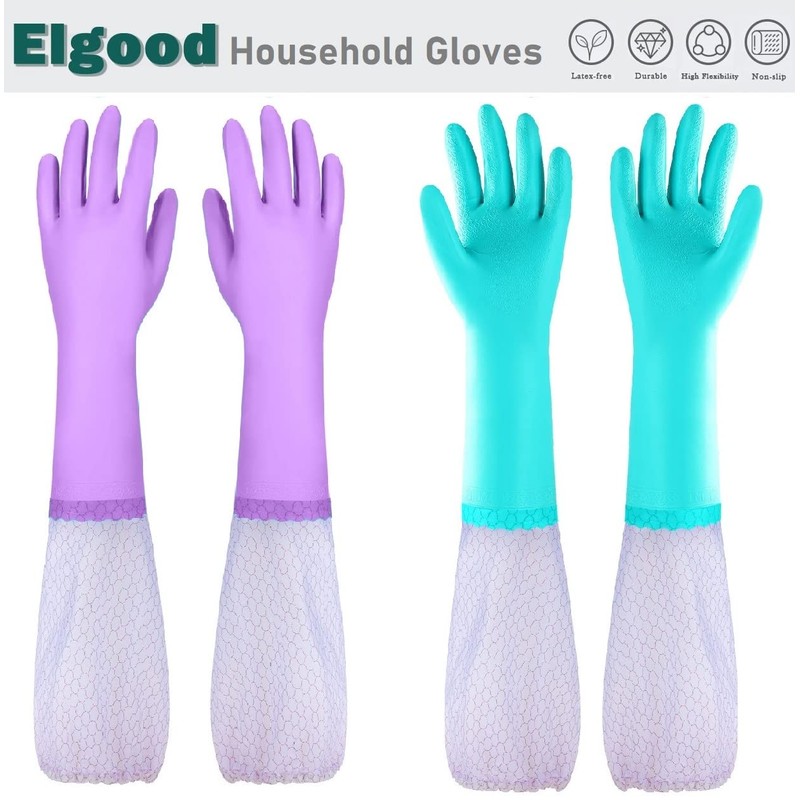 Elgood Deluxe-Waschhandschuhe mit latexfrei, lange Bündchen, Baumwollfutter, Reinigungshandschuhe, 2 Paar