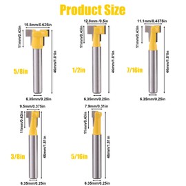 lasuroa 5stk Schlüssellochfräser, T Schlitzfräser Bit Set 1/4-Zoll-Schaft mit Klingendurchmesser 5/16 3/8 7/16 1/2 5/8 Zoll T-Schienenfräser für die Holzbearbeitung Nutfräser