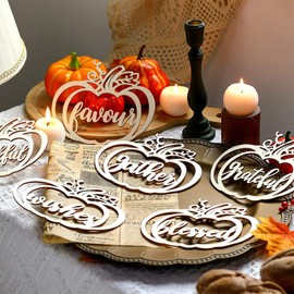 24 Pcs Thanksgiving Wooden Cutout Plate Decor with Ropes Tree Crafts Dining Table Grateful Harvest Autumn Fall Decorations Supplies (Pumpkin)
