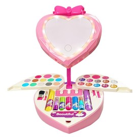 Pink Petal-Shaped Makeup Box for children aged 3, 4, 5, 6 + Children's Makeup Tools - Color: Mirror Heart Makeup Box