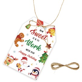50pcs Christmas Thank You Tags, Santa Claus Gift Tag with String for Holiday Party, Xmas Thank You Paper Tags for Christmas Birthday/Winter Wonderland Party Favors