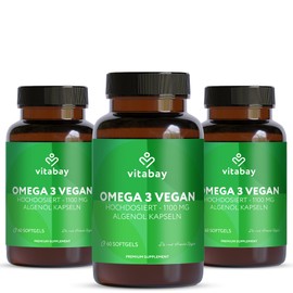 Vitabay Omega 3 Vegan 180 Capsules with 1100 mg Pure Algae Oil with Vitamin E - High Dose - DHA 600 mg & 300 mg EPA - Laboratory Tested in Germany & No Additives - Quality from Nature - Pack of 3