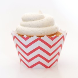Coral Pink Chevron Cupcake Wrapper - Set of 12 - Dessert Table Decorations, Candy Buffet Supplies & Wedding Cakes