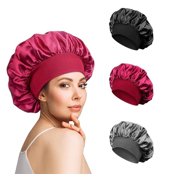 SOONHUA Pack of 3 Women's Satin Sleep Cap Cover Elastic Wide Band Hat