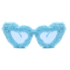 ailov Trendy Heart Shaped Fluffy Sunglasses for Women Fuzzy Plush Designer Fur-framed Glasses Cute Fashion Party Accessories (Baby Blue)