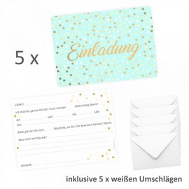 nikima Schönes für Kinder 5 Invitation Cards Mint with Gold Varnish Including 5 White Envelopes - Children's Birthday Party with Silver Dots for Adults