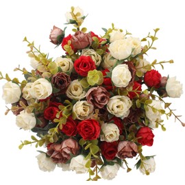 Duovlo 7 Branch 21 Heads Artificial Flowers Bouquet Mini Rose Wedding Home Office Decor,Pack of 4 (Red)