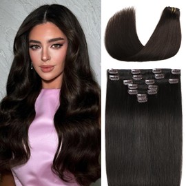 Clip in Hair Extensions Real Human Hair #2 Dark Brown Human Hair Clip in Extensions 14 Inch Silky Straight Remy Hair Clip ins for Women 85g 7pcs Double Weft